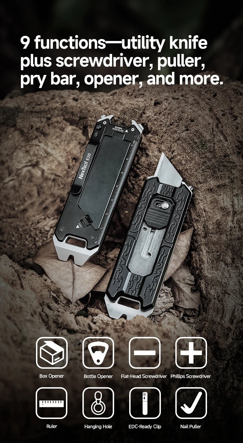2025 New NexTool Explorer E20 8-in-1 Multi-tool Utility Knife Box Cutter Auto Safe Blade Design Mini EDC Tools Built-in Blades
