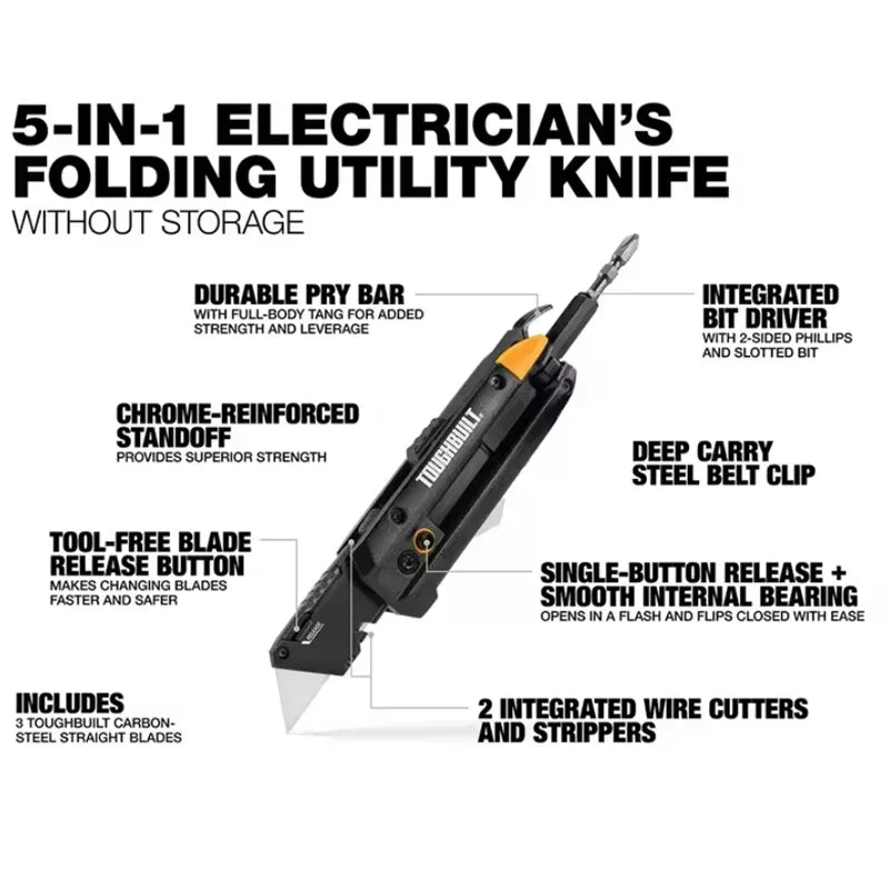 TOUGHBUILT TB-H4-12-IM 5 in 1 Electrician's Folding Knife Multifunctional Utility Knife With Bit Driver and Pry Bar Hand Tools