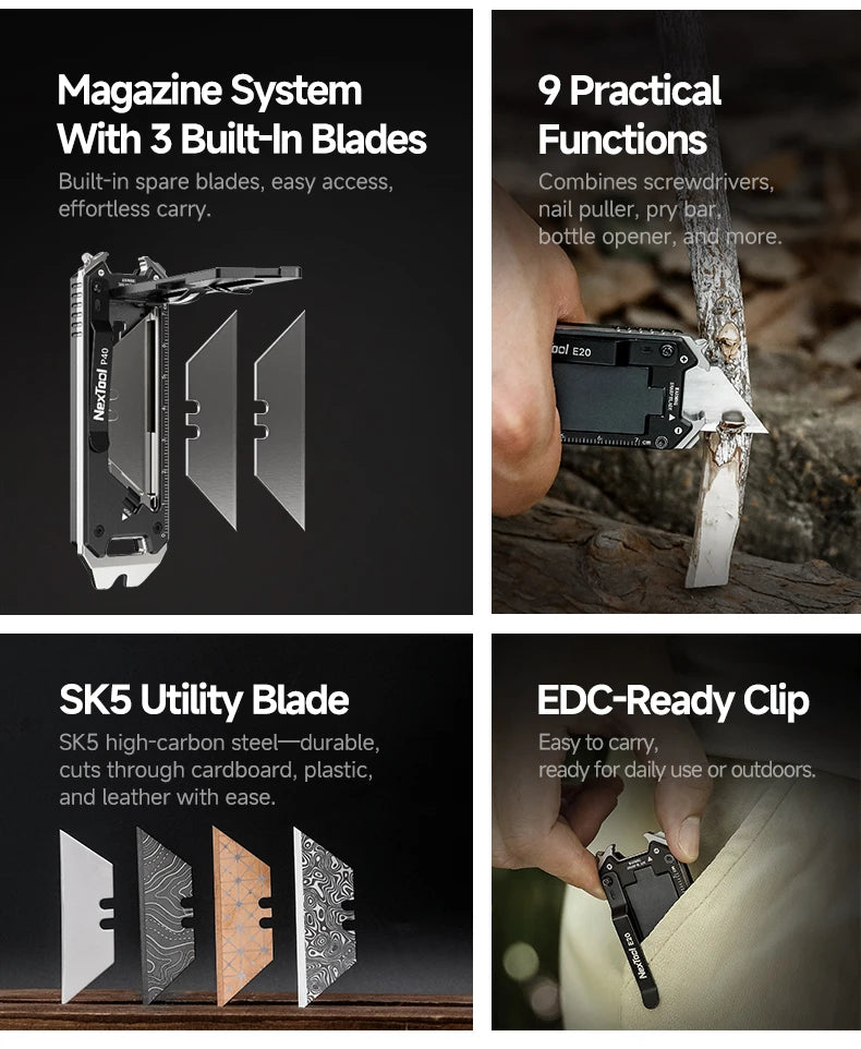 New NexTool Explorer E20 Utility Knife Box Cutter 8-in-1 Multi-tool Innovative Auto Reload Design Mini EDC Tools Built-in Blades