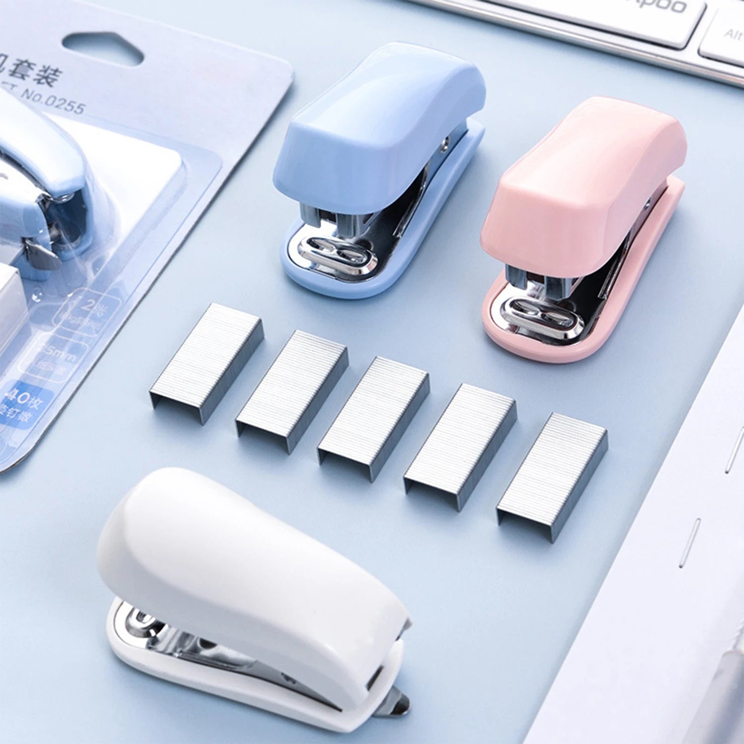Mini Stapler Kit Portable Small Stapler and Staples for Binding Paper Student Office Stationery Blue Pink White