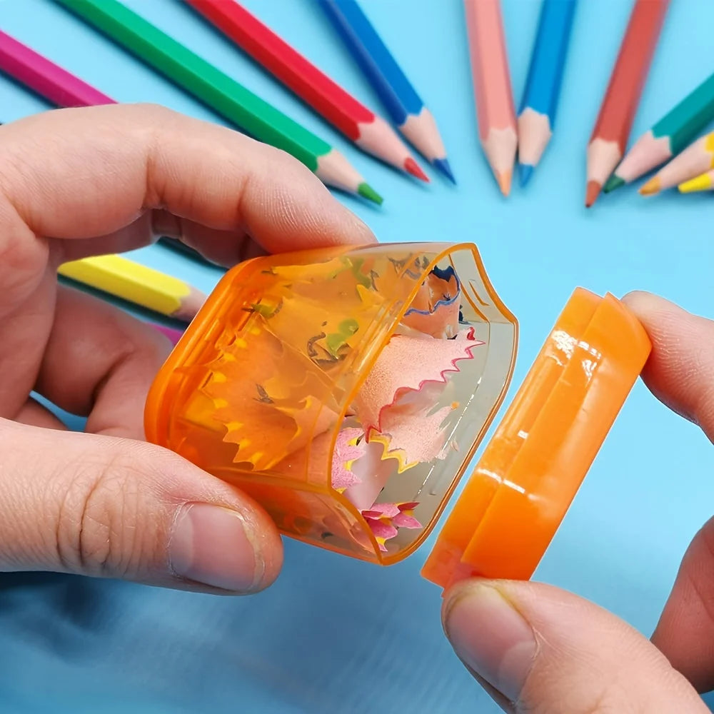 1pc Student Plastic Color Transparent Pencil Sharpener Geometric Double Hole Sketch Pencil Sharpener Manual Pencil Sharpener