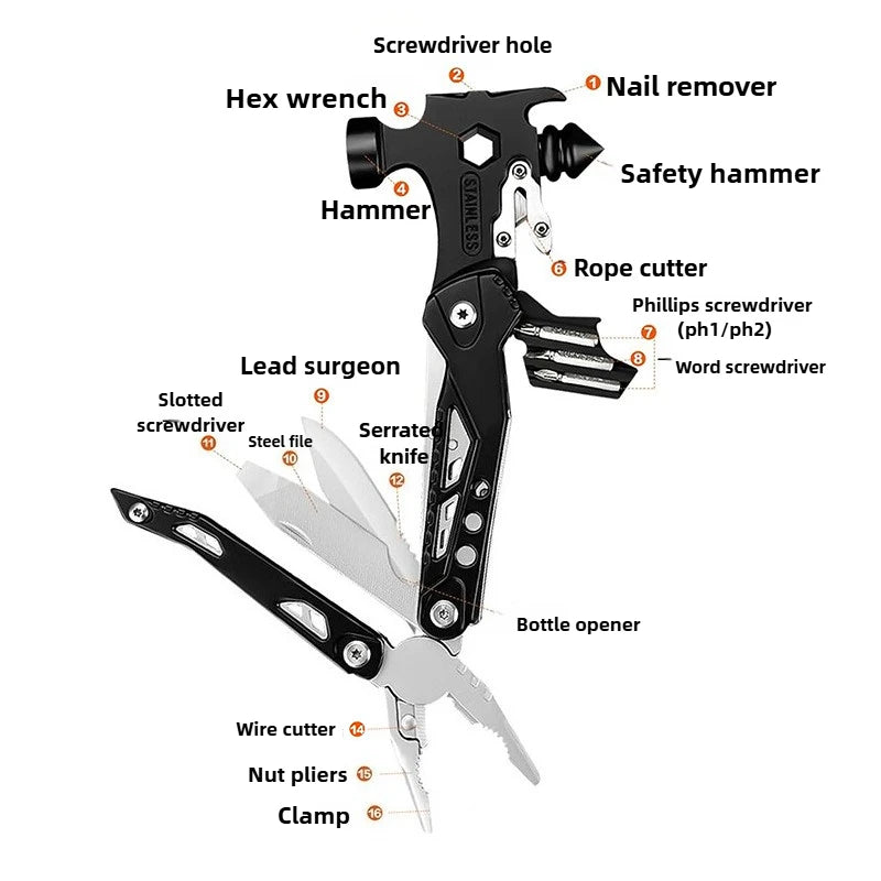 16-in-1 Multitool Hammer Outdoor Multi Tool Utility Knife Camping Survival Gear Gifts for Dad Christmas Gift To Husbands Men