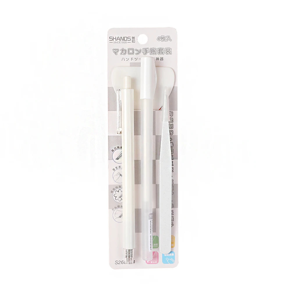 4pcs Precision Craft Tool Kit Precision Craft Utility Knife Tweezers Shovels Glue Pens for Cutting, lettering, splicing, emboss,