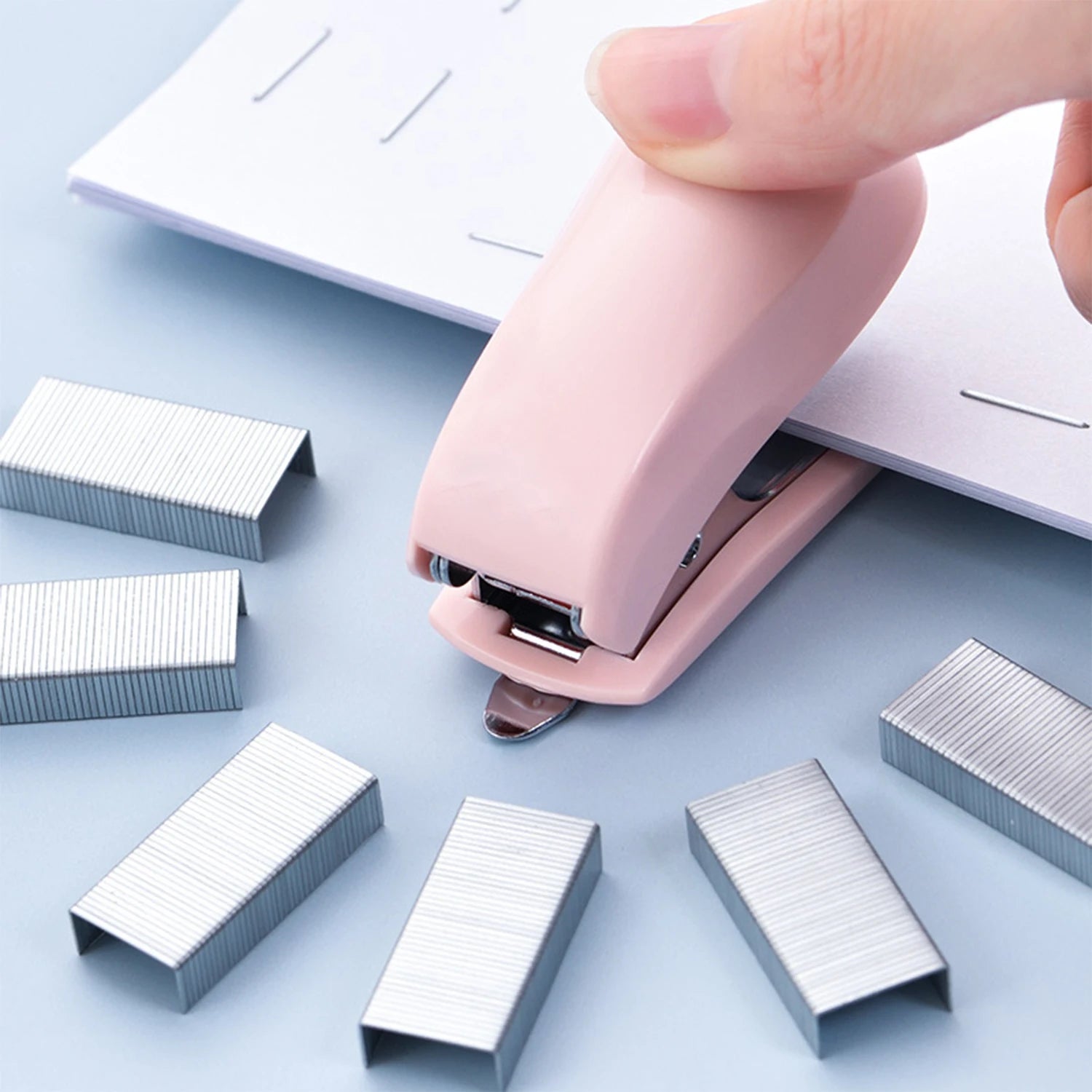 Mini Stapler Kit Portable Small Stapler and Staples for Binding Paper Student Office Stationery Blue Pink White